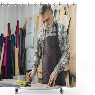 Personality  Selective Focus Of Mature Leather Handbag Craftsman In Apron And Eyeglasses Working At Studio Shower Curtains