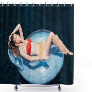 Personality  Happy Young Woman In Swimsuit Floating On Swim Ring In Swimming Pool Shower Curtains