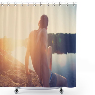 Personality  Young Man Sitting On The Cliff Near Lake And Looking Far Away At Sunset Shower Curtains