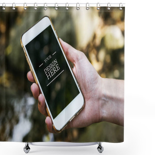 Personality  Mobile Phone Mockup In Hand Shower Curtains