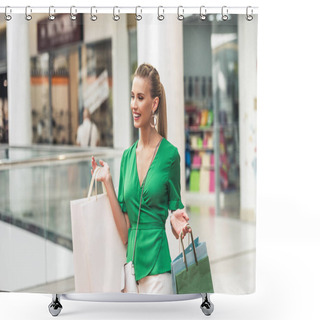 Personality  Beautiful Smiling Blonde Girl Holding Paper Bags And Looking Away In Shopping Mall Shower Curtains