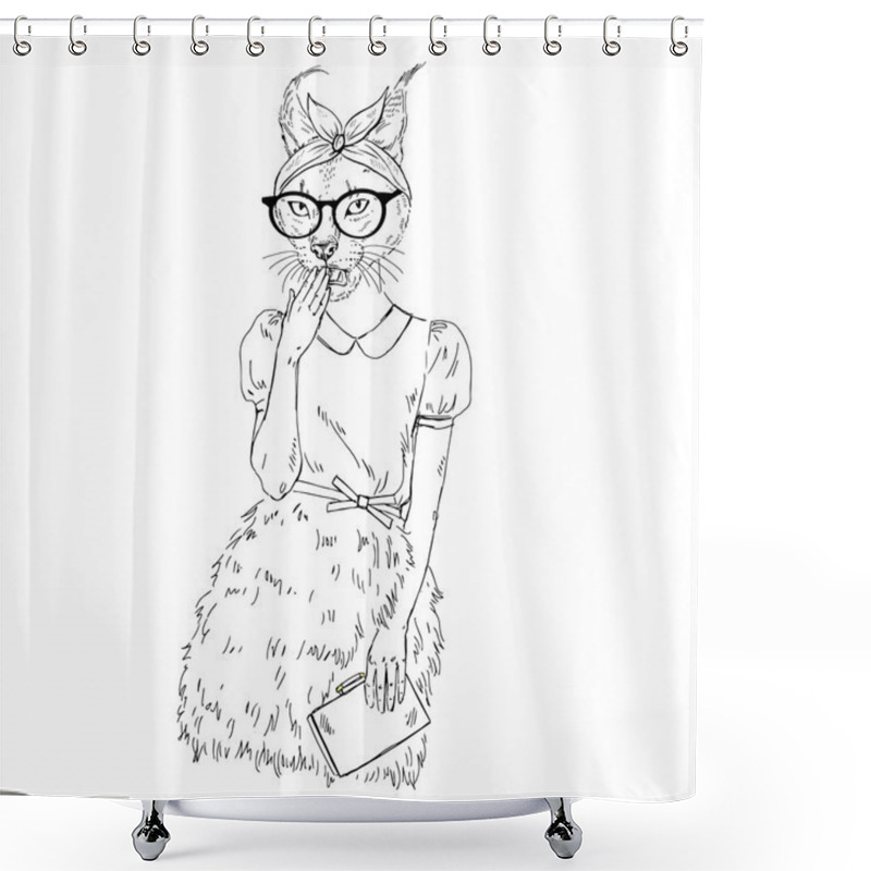 Personality  Cute Hipster Caracal Cat Girl Shower Curtains