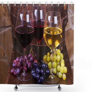 Personality  Red, Rose And White Glasses And Bottles Of Wine With Grapes In Wine Cellar Shower Curtains