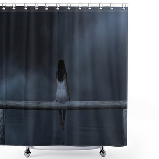 Personality  Woman Sitting On Wooden Fence In The Dark,3d Rendering Shower Curtains