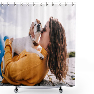 Personality  A Beautiful Woman Lying Down In The Park Hugging Her Cute Little Dog. They Are Enjoying A Sunny Day In Madrid. Family Dog Outdoor Lifestyle Shower Curtains