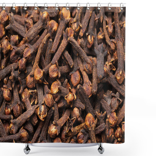 Personality  Background Of Dried Clove Buds. Macro, Studio Shot. Shower Curtains