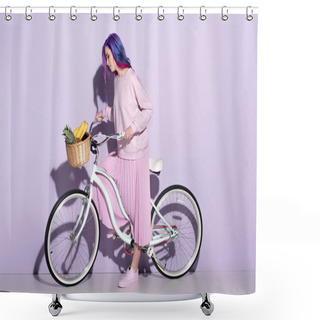 Personality  Attractive Young Woman In Pink Clothing On Bicycle With Pineapple And Bananas In Basket Shower Curtains