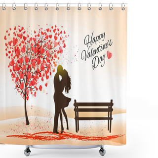 Personality  Holiday Valentine's Day Background. Tree With Heart-shaped Leaves And Couple In Love. Vector. Shower Curtains