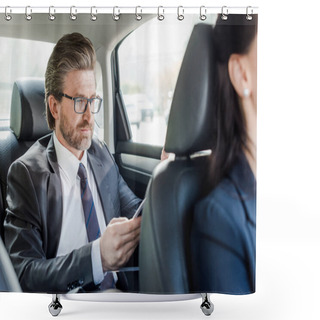 Personality  Selective Focus Of Handsome Diplomat In Glasses Sitting With Woman In Car Shower Curtains
