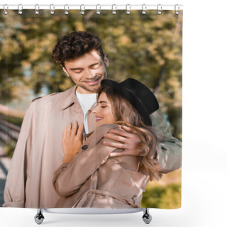 Personality  Man In Trench Coat Hugging Woman In Hat Outside Shower Curtains