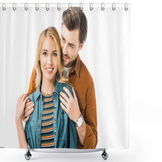 Personality  Young Man Embracing Girlfriend From Behind Isolated On White  Shower Curtains