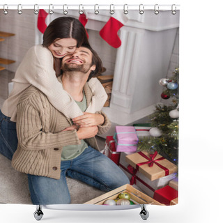 Personality  Cheerful Woman Embracing Husband Sitting On Floor Near Presents And Christmas Tree Shower Curtains