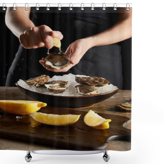 Personality  Selective Focus Of Woman Squeezing Lemon On Oyster Isolated On Black  Shower Curtains