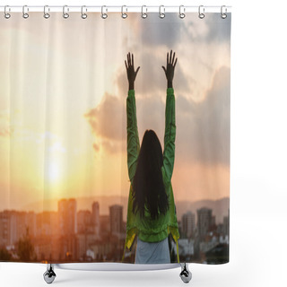 Personality  Woman Celebrating Sport And Fitness Lifestyle Success Shower Curtains
