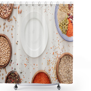 Personality  Top View Of Empty Plate And Bowls With Raw Lentil, Quinoa, Oatmeal, Beans, Peppercorns And Pumpkin Seeds On Marble Surface With Scattered Grains Shower Curtains