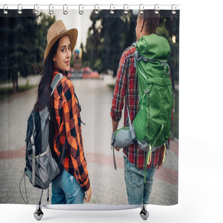Personality  Hikers With Backpacks Traveling In Tourist Town. Summer Hiking. Hike Adventure Of Young Man And Woman Shower Curtains