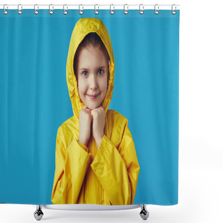 Personality  Girl Kid Wears Yellow Waterproof Raincoat, Keeps Hands Together Under Chin Shower Curtains