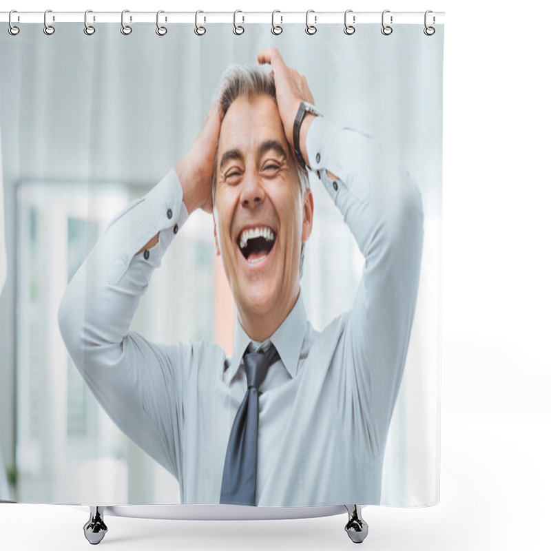 Personality  Cheerful businessman laughing shower curtains