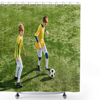 Personality  Two Energetic Young Boys Are Enthusiastically Playing Soccer On A Spacious Field, Kicking The Ball Towards Each Other And Showcasing Their Skills In A Friendly Match. Shower Curtains