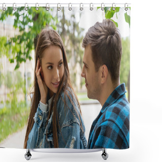 Personality  Pretty Girl Touching Hair While Flirting With Boyfriend  Shower Curtains