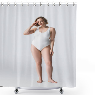 Personality  Full Length Of Pensive Overweight Woman In Swimsuit Standing On White Shower Curtains