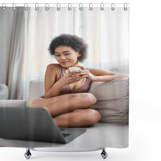 Personality  African American Woman In Lingerie Sitting On Sofa And Holding Cup While Watching Movie On Laptop Shower Curtains