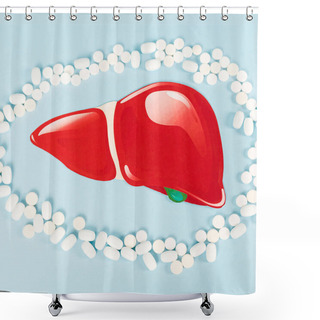 Personality  Top View Of Pills Near Drawn Liver On Blue  Shower Curtains