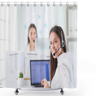Personality  Smiling Businesswoman Or Helpline Operator With Headset And Computer At Office Shower Curtains