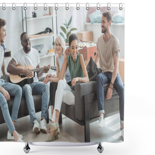 Personality  Group Of Multiethnic Smiling Young People Having Fun And Playing Guitar  Shower Curtains