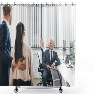 Personality  Back View Of Businessman Introducing New Colleague To Smiling Young Business People In Office  Shower Curtains