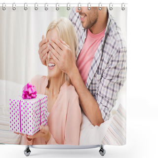 Personality  Happy Man Giving Woman Gift Box At Home Shower Curtains