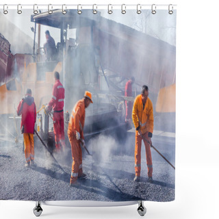 Personality  Workers Making Asphalt With Shovels At Road Constructio Shower Curtains