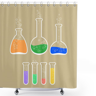 Personality  Vector Illustration Of Laboratory Apparatus With Colorful Solution. Shower Curtains