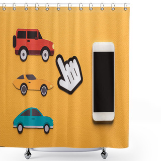 Personality  Top View Of Paper Cut Cars, Pointing Hand And Smartphone On Orange Background Shower Curtains