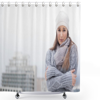 Personality  Shivering Cute Brunette With Winter Clothes On Posing Shower Curtains