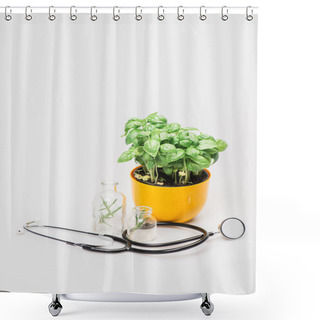 Personality  Green Plant In Flowerpot Near Herbs In Glass Bottles And Stethoscope On White Background, Naturopathy Concept Shower Curtains