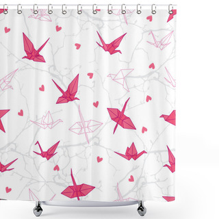 Personality  Origami Cranes In Love On The Branches Seamless Print Shower Curtains