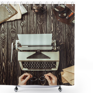 Personality  Partial View Of Woman With Eyeglasses, Typing Machine And Envelopes On Wooden Tabletop Shower Curtains