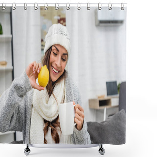Personality  Smiling Young Woman In Warm Clothes Holding Lemon And Cup Of Tea At Home Shower Curtains