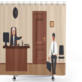Personality  Office, Corridor,cream, Background,reception, Elderly, Secretary,waiting, Area, Visitor, Chair,wooden, Boards,floor,Door, Cabinet, Sign, Wall, Navy, Wall, Clock,Vector Shower Curtains