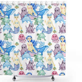 Personality  Mermaids, Jellyfish, Dolphins, Whales, Octopuses, Sea Turtles Watercolor Pattern Shower Curtains