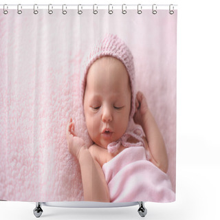 Personality  Newborn Baby Girl Wearing A Pink, Knitted Bonnet Shower Curtains
