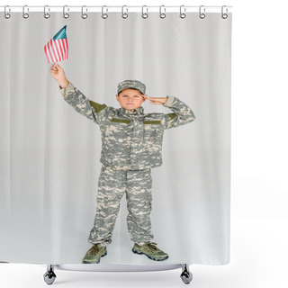 Personality  Little Boy In Camouflage Clothing Saluting While Holding American Flagpole In Hand Isolated On Grey Shower Curtains