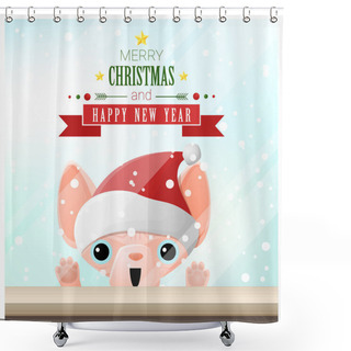 Personality  Merry Christmas And Happy New Year Background With Cat Standing Behind Window , Vector , Illustration Shower Curtains