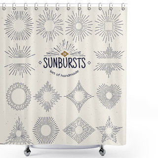 Personality  Geometric Hand Drawn Sunburst, Sun Beams In Different Forms. Star Shining With Rays In Form Of Lines, Linear Sunlight Waves. Summer And Sunset, Sunrise And Radial Fireworks Symbol. Vintage Style Shower Curtains