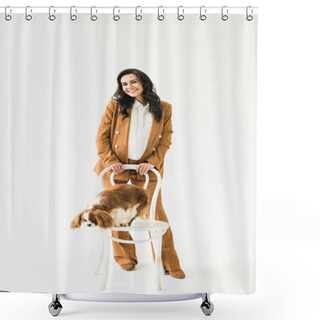 Personality  Wonderful Pregnant Woman In Brown Suit Standing Near Dog On Chair On White Background Shower Curtains