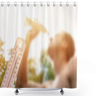 Personality  Man Drinking Water In Extreme Heat, Thermometer In Summer Day Shows Or Indicate High Temperature Degree With Sun In Background. Shower Curtains