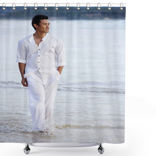 Personality  Man On Sea Beach Shower Curtains