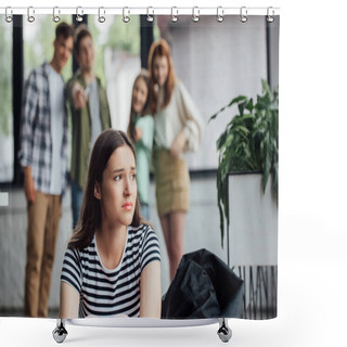 Personality  Selective Focus Of Group Of Teenagers Bullying Sad Girl In School Shower Curtains