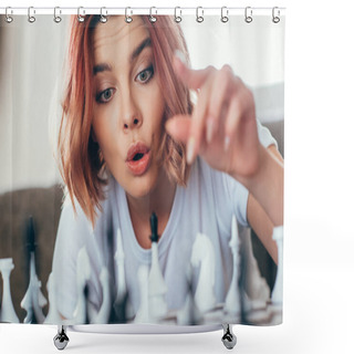 Personality  Beautiful Emotional Girl Playing Chess On Self Isolation, Selective Focus Shower Curtains